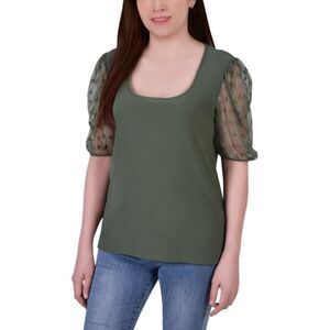 NY Collection Petite Mesh Dot Elbow Sleeve Crepe Top